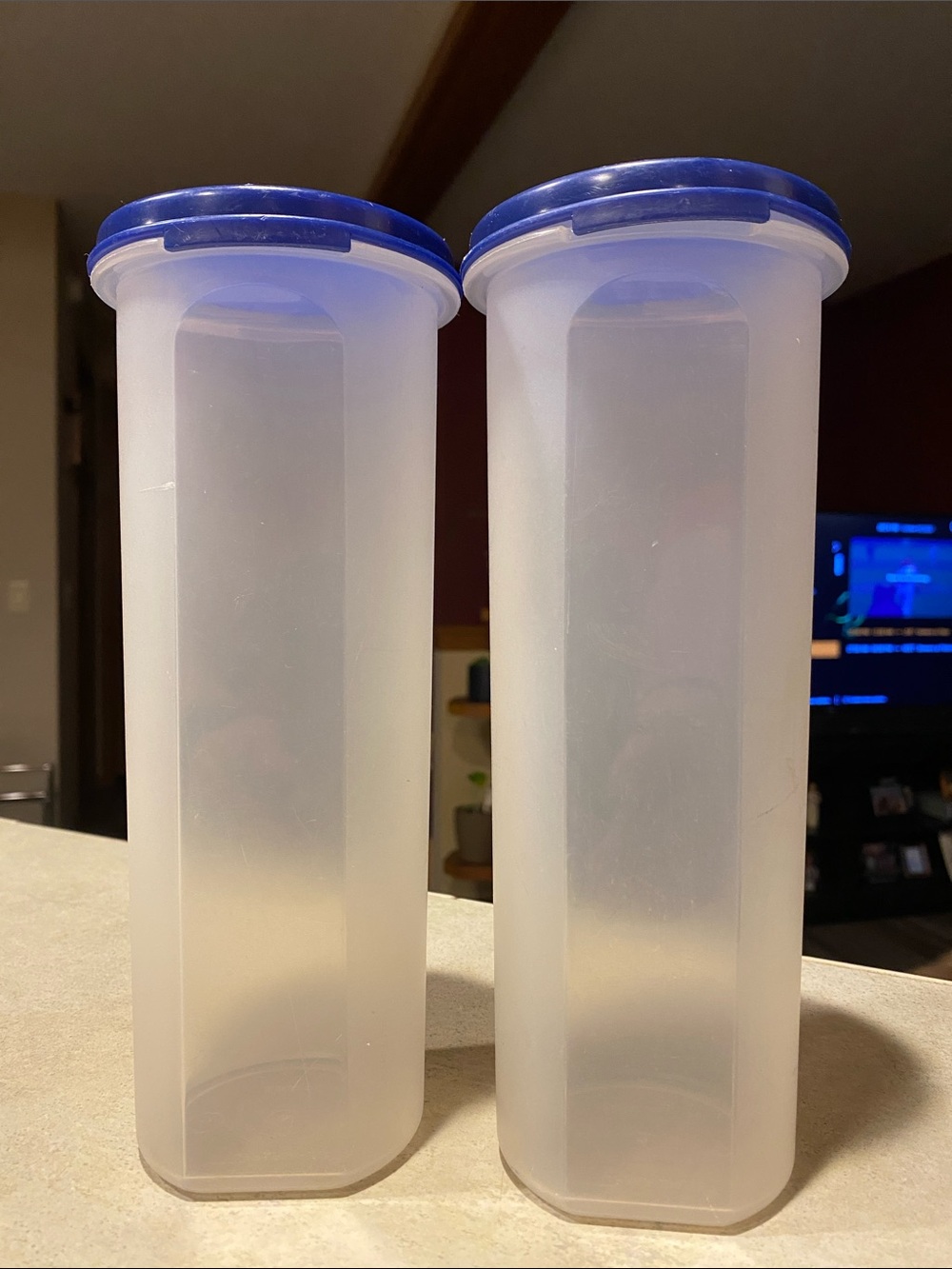 Tupperware Set of Two Tall Translucent Canisters with Blue Lids